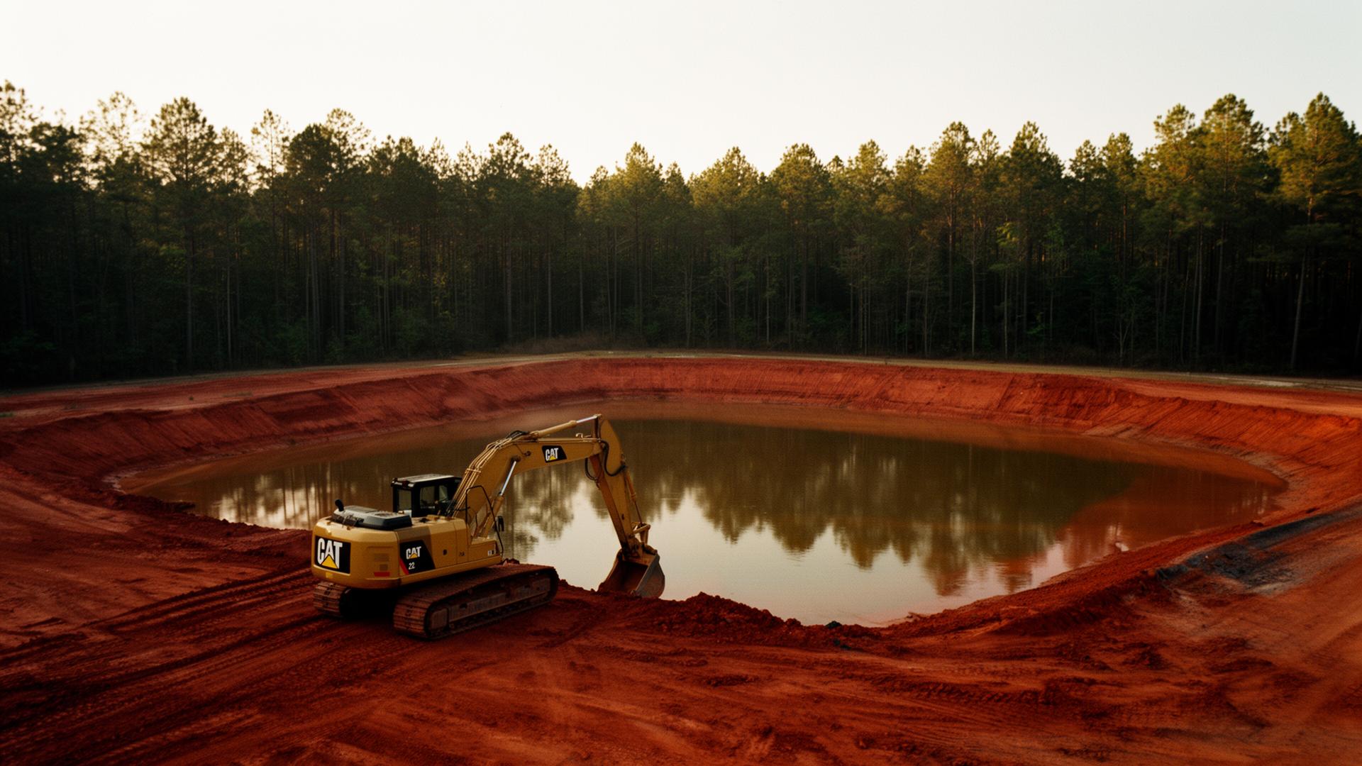 Excavator at the edge of a freshly dug retention pond at golden hour